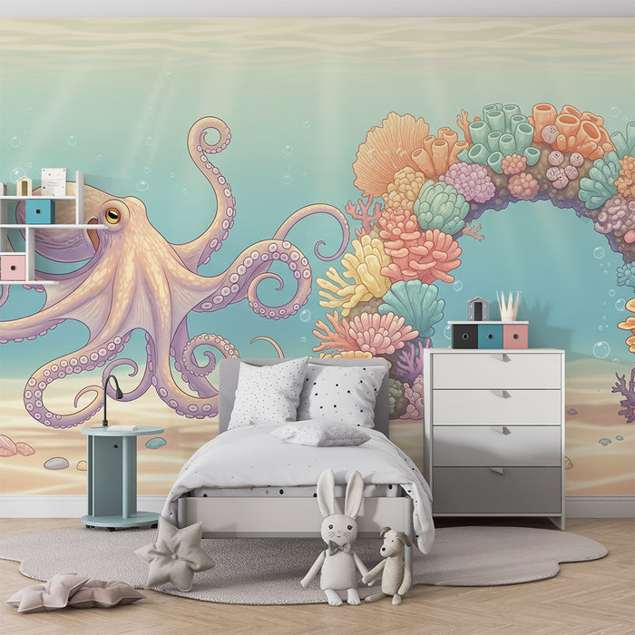 Children's bedroom wallpaper | Fun octopus among underwater corals