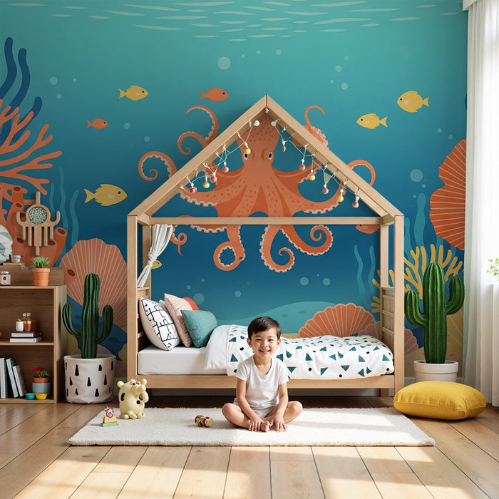 Kinderslaapkamerbehang | Kleurrijke octopus en onderwaterkoraalrif