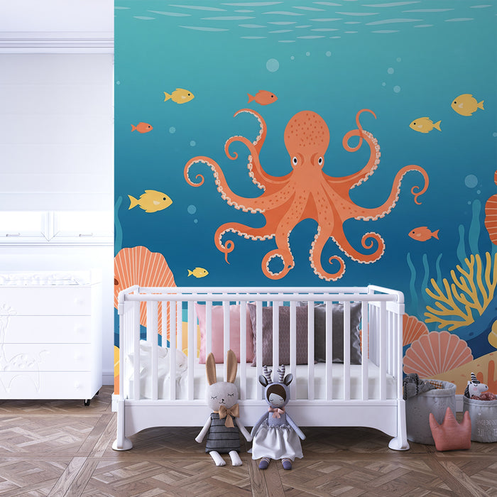 Kinderslaapkamerbehang | Kleurrijke octopus en onderwaterkoraalrif