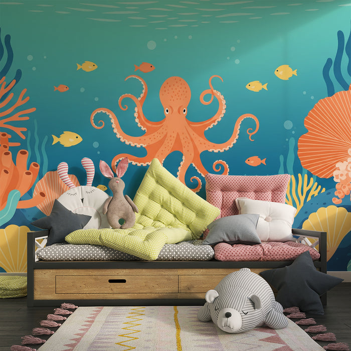 Kinderslaapkamerbehang | Kleurrijke octopus en onderwaterkoraalrif