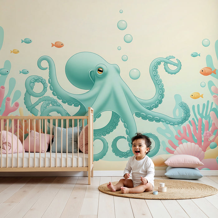 Behang kinderkamer | Vrolijke octopus in een kleurrijk rif