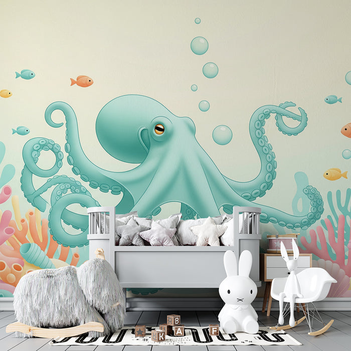 Behang kinderkamer | Vrolijke octopus in een kleurrijk rif