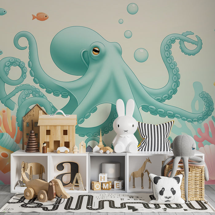 Behang kinderkamer | Vrolijke octopus in een kleurrijk rif