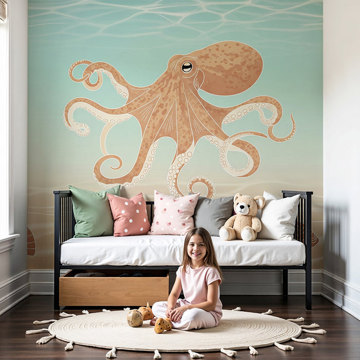 Papel de parede para quarto infantil | Polvo divertido no fundo do mar com conchas e algas