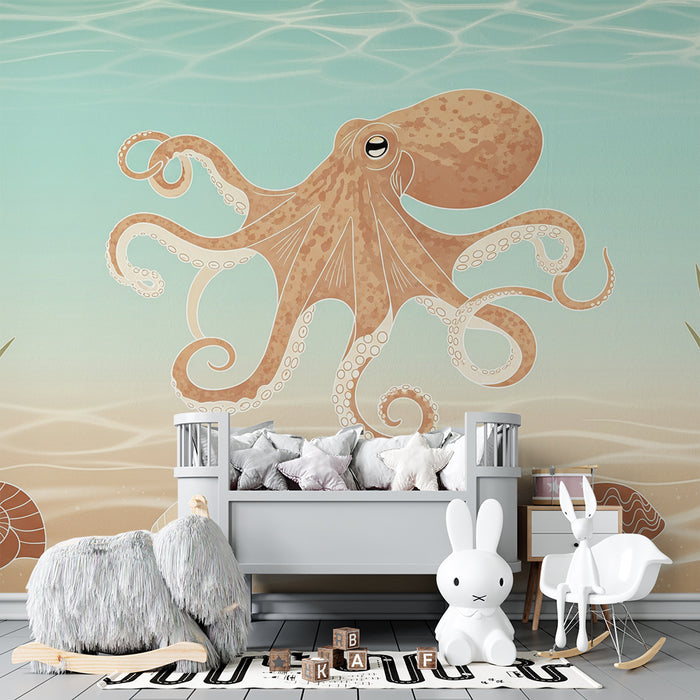 Papel de parede para quarto infantil | Polvo divertido no fundo do mar com conchas e algas