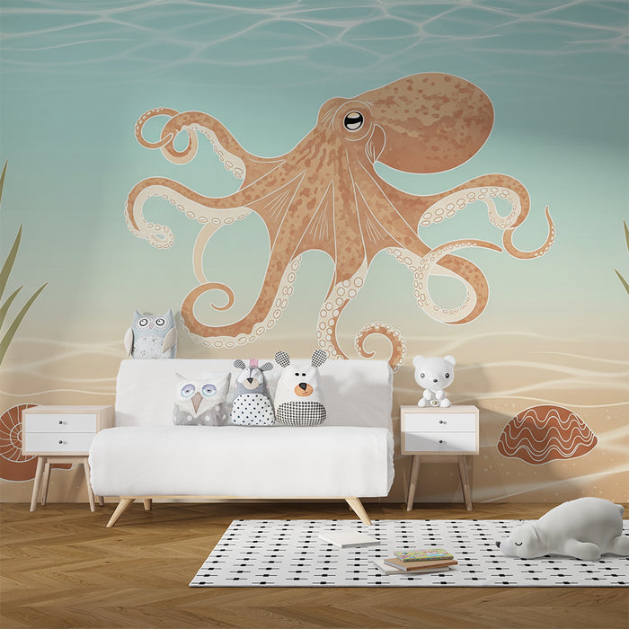 Papel de parede para quarto infantil | Polvo divertido no fundo do mar com conchas e algas