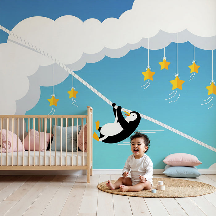 Kinderzimmer Tapete | Lustiger Pinguin auf einer Leine mit hängenden Sternen