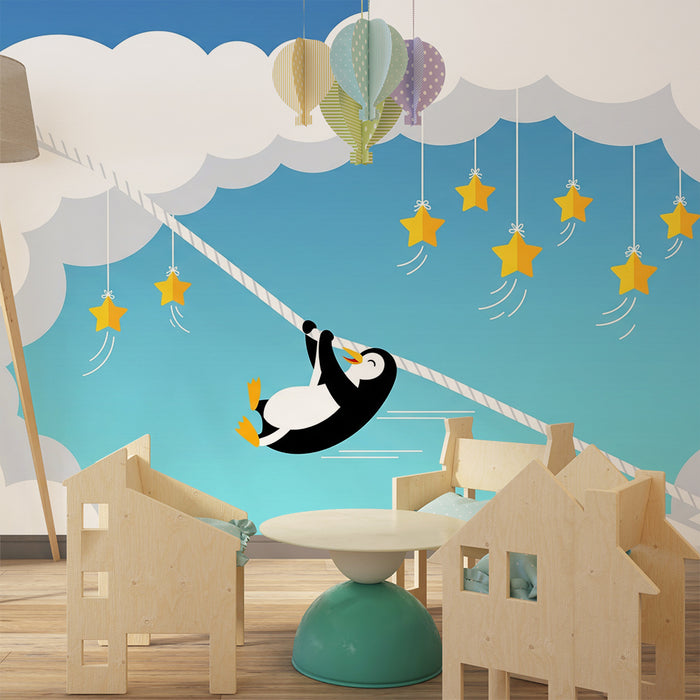 Kinderzimmer Tapete | Lustiger Pinguin auf einer Leine mit hängenden Sternen