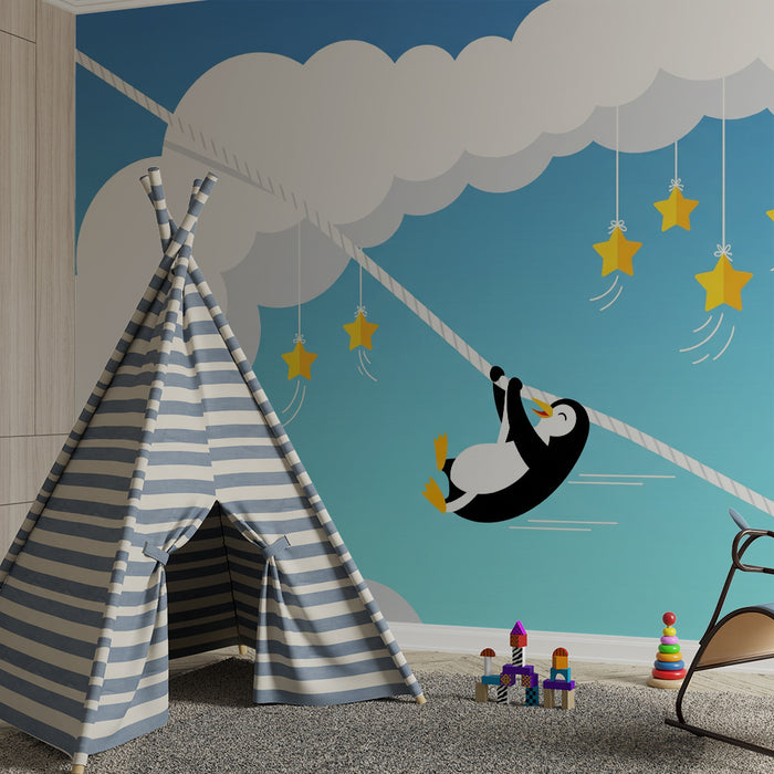 Kinderzimmer Tapete | Lustiger Pinguin auf einer Leine mit hängenden Sternen