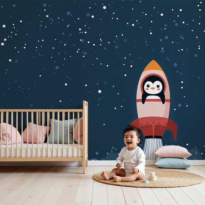 Papel de parede criança | Pinguim astronauta no espaço com foguete colorido