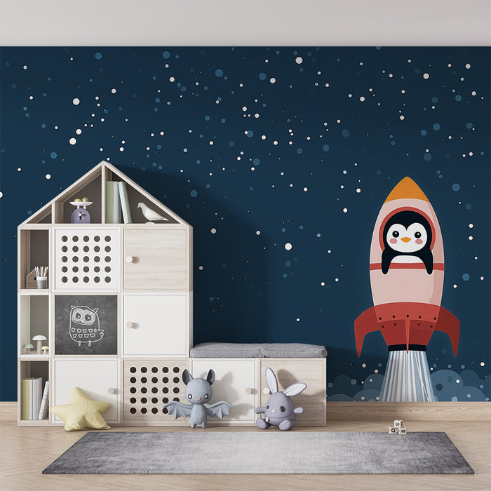 Papel de parede criança | Pinguim astronauta no espaço com foguete colorido