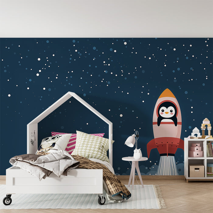 Papel de parede criança | Pinguim astronauta no espaço com foguete colorido