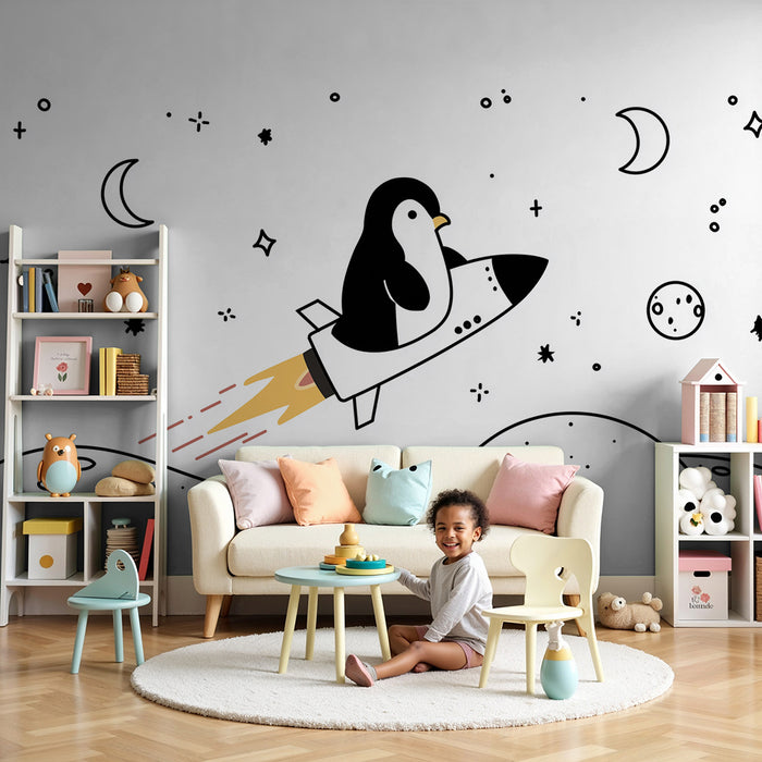 Lastenhuoneen tapetti | Pingviini avaruuslentäjänä rakettialuksessa avaruudessa