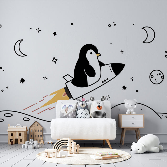 Lastenhuoneen tapetti | Pingviini avaruuslentäjänä rakettialuksessa avaruudessa