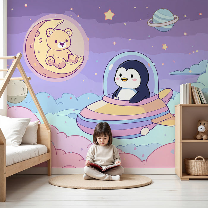 Papel de parede criança | Pinguim astronauta e urso na lua em um céu estrelado