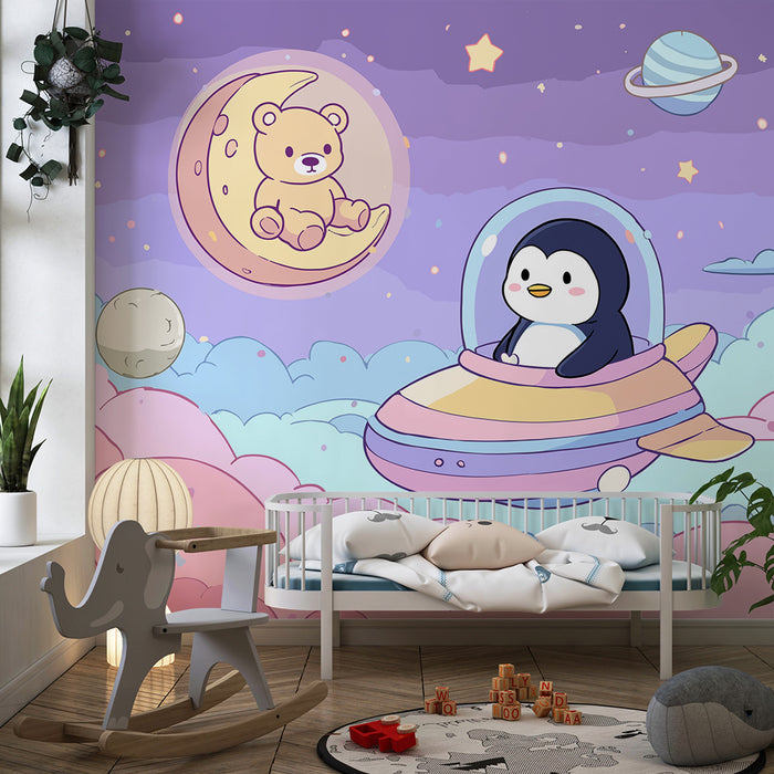 Papel de parede criança | Pinguim astronauta e urso na lua em um céu estrelado