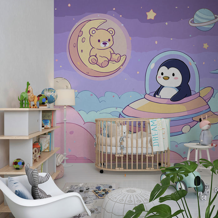 Papel de parede criança | Pinguim astronauta e urso na lua em um céu estrelado
