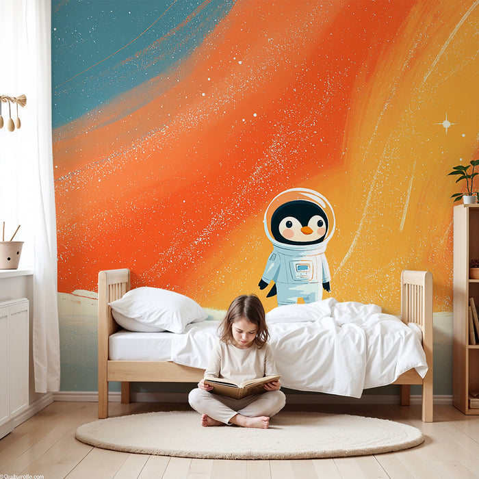 Detská izba tapeta | Pinguin astronaut preskúmavajúci farebný vesmír