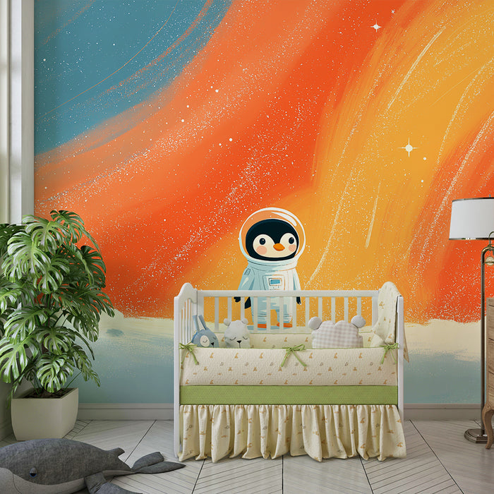 Detská izba tapeta | Pinguin astronaut preskúmavajúci farebný vesmír
