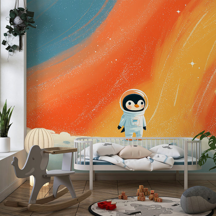 Detská izba tapeta | Pinguin astronaut preskúmavajúci farebný vesmír