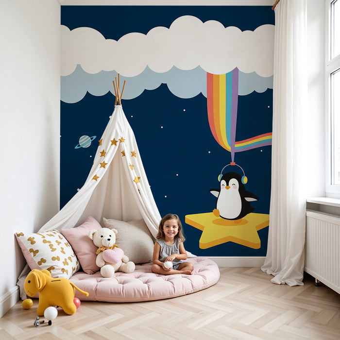 Papier peint chambre enfant | Pingouin astronaute sur étoile avec nuages et planètes