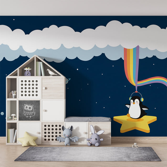 Papier peint chambre enfant | Pingouin astronaute sur étoile avec nuages et planètes