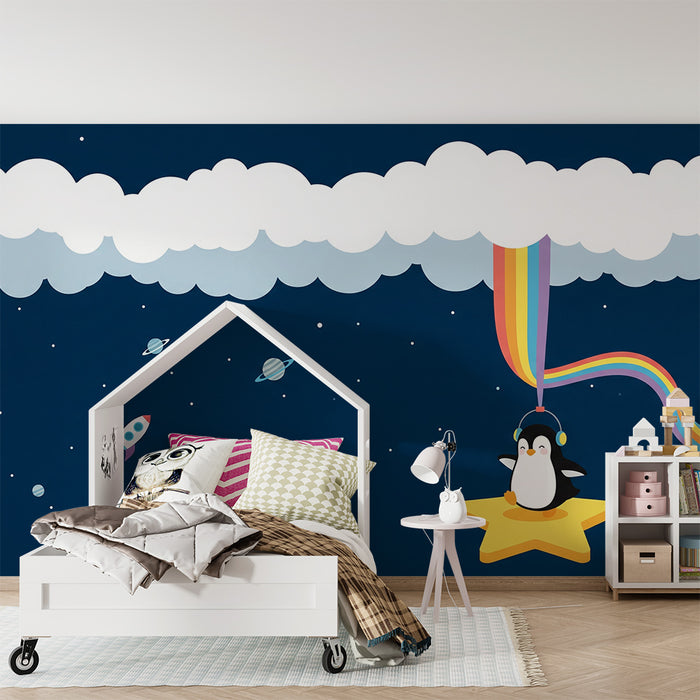 Papier peint chambre enfant | Pingouin astronaute sur étoile avec nuages et planètes