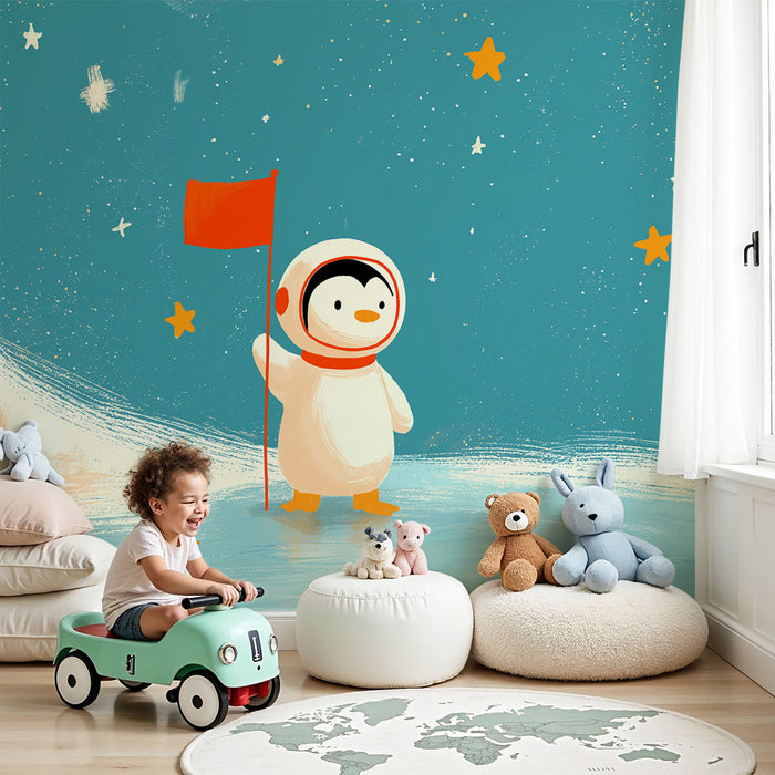 Kinderzimmer Tapete | Astronautenpinguin auf Sternenhintergrund