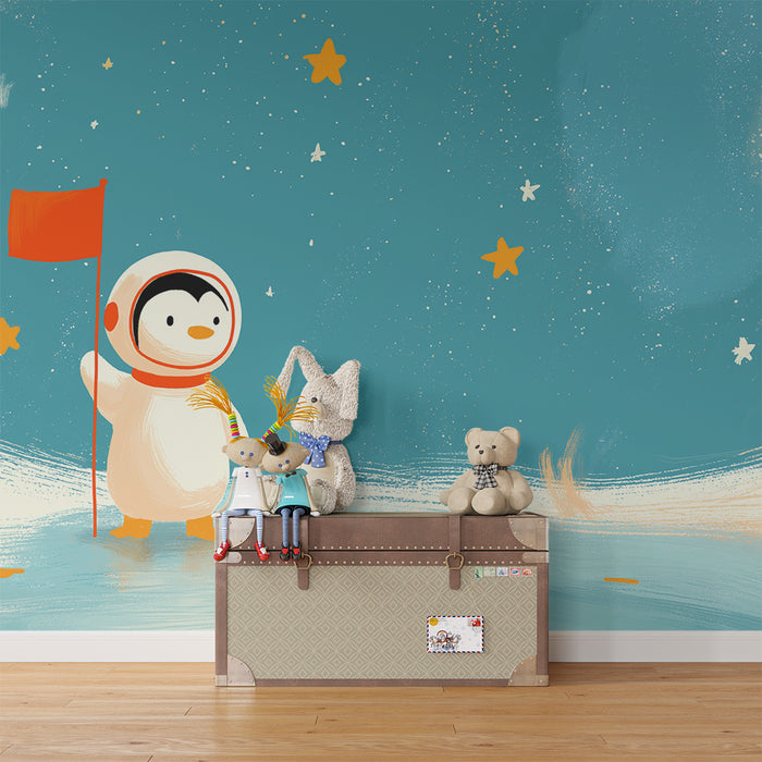 Kinderzimmer Tapete | Astronautenpinguin auf Sternenhintergrund