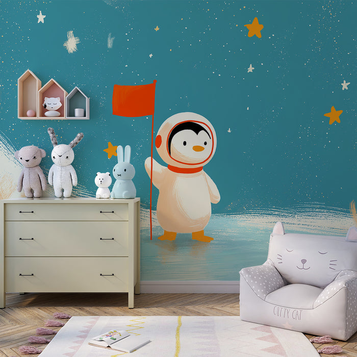 Kinderzimmer Tapete | Astronautenpinguin auf Sternenhintergrund
