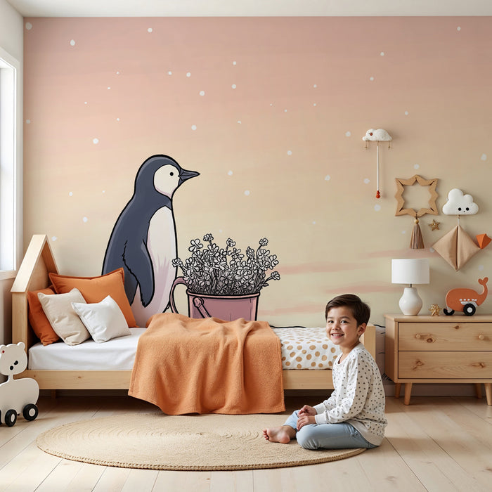Papel pintado infantil | Pingüino con ramo de flores en la nieve