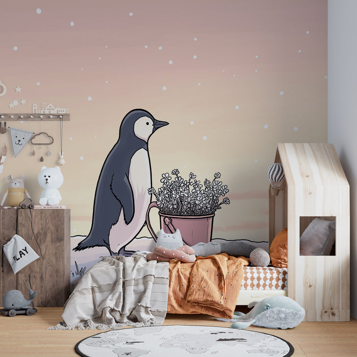 Papel pintado infantil | Pingüino con ramo de flores en la nieve