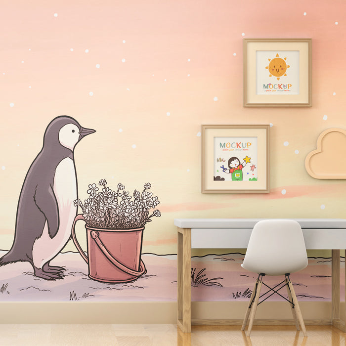 Papel pintado infantil | Pingüino con ramo de flores en la nieve