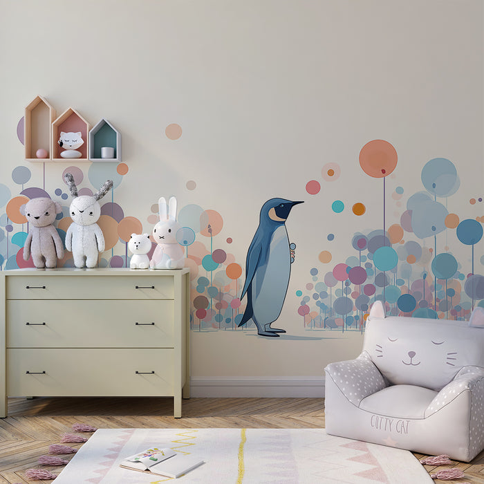 Carta da parati per camerette | Pinguino tra bolle colorate