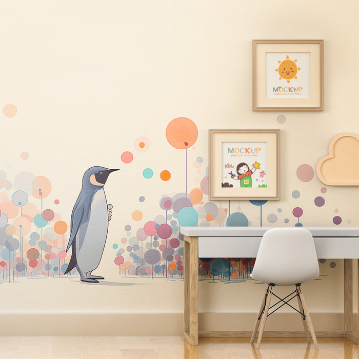 Carta da parati per camerette | Pinguino tra bolle colorate