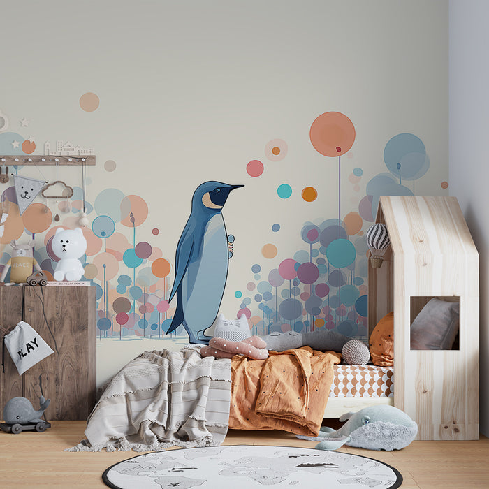 Kinderkamer behang | Pinguïn te midden van kleurrijke bellen
