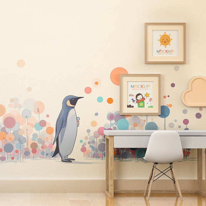 Kinderkamer behang | Pinguïn te midden van kleurrijke bellen