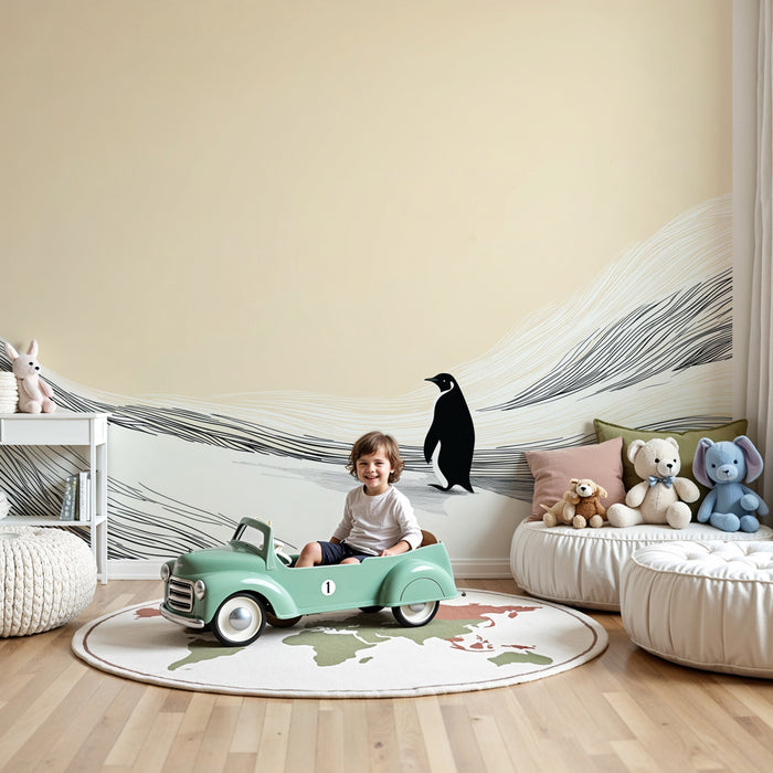 Papier peint chambre enfant | Pingouin au milieu des vagues