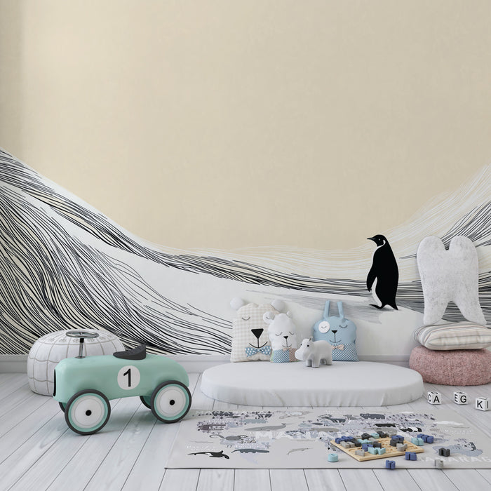 Papier peint chambre enfant | Pingouin au milieu des vagues