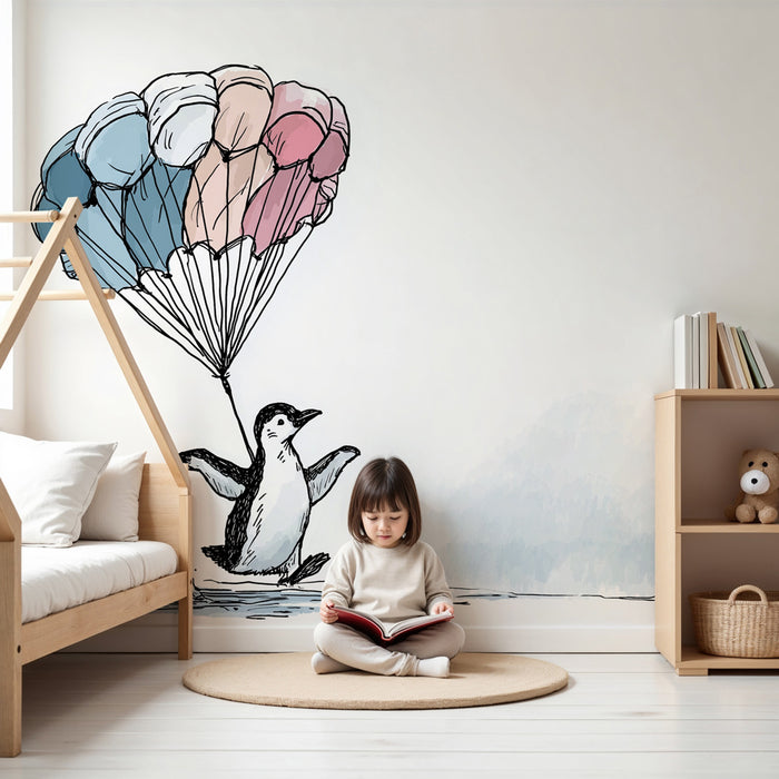 Papel pintado infantil | Pingüino aventurero con paracaídas