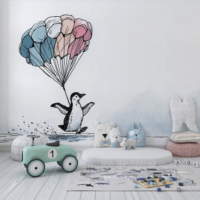 Papel pintado infantil | Pingüino aventurero con paracaídas