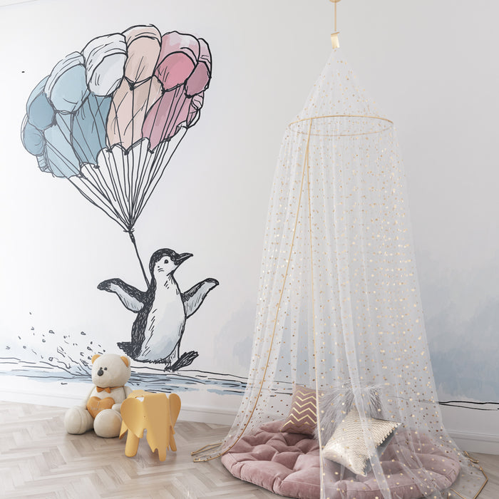 Papel pintado infantil | Pingüino aventurero con paracaídas