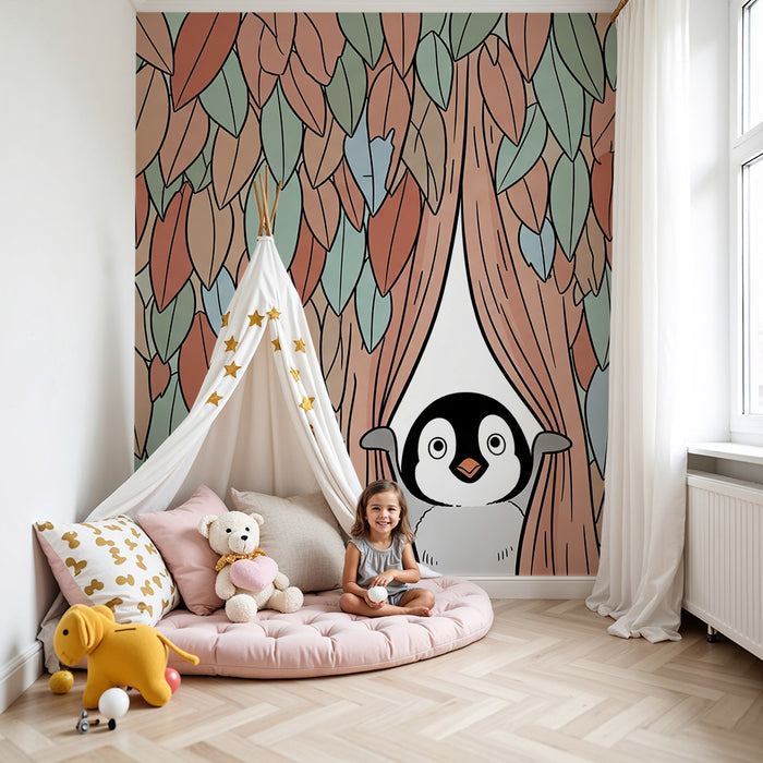 Papier peint chambre enfant | Pingouin curieux au milieu des feuilles
