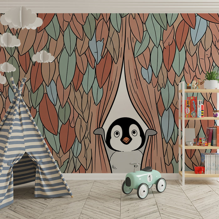 Papier peint chambre enfant | Pingouin curieux au milieu des feuilles