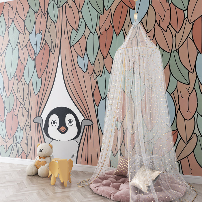 Papier peint chambre enfant | Pingouin curieux au milieu des feuilles