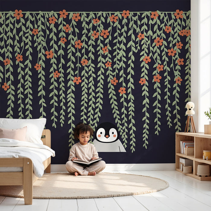 Børneværelse tapet | Skør pingvin under blomstrende løvwerk