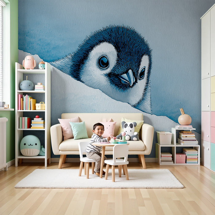 Kinderkamer behang | Speelse pinguïn op ijzige achtergrond