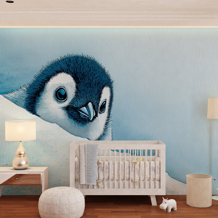 Kinderkamer behang | Speelse pinguïn op ijzige achtergrond