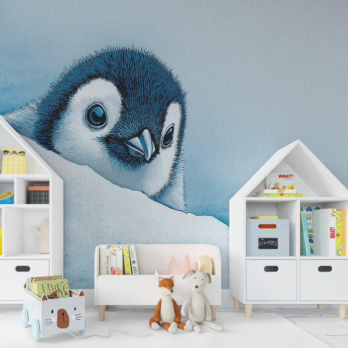 Kinderkamer behang | Speelse pinguïn op ijzige achtergrond