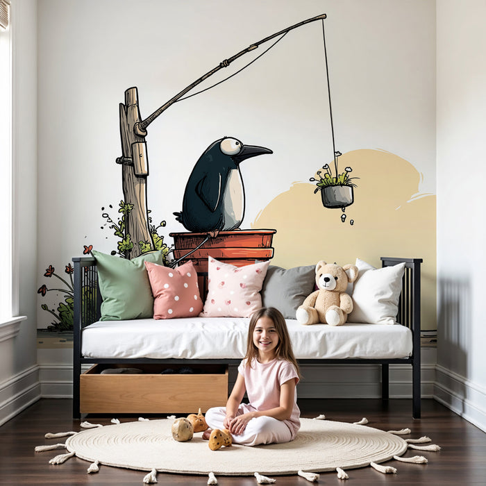 Papel pintado infantil | Pingüino y jardín florido